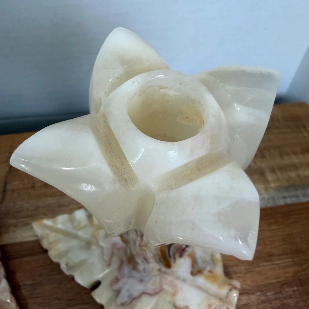 Vintage Onyx Marble Tulip Candlestick Holder Set Carved Stone Leaf Base 6